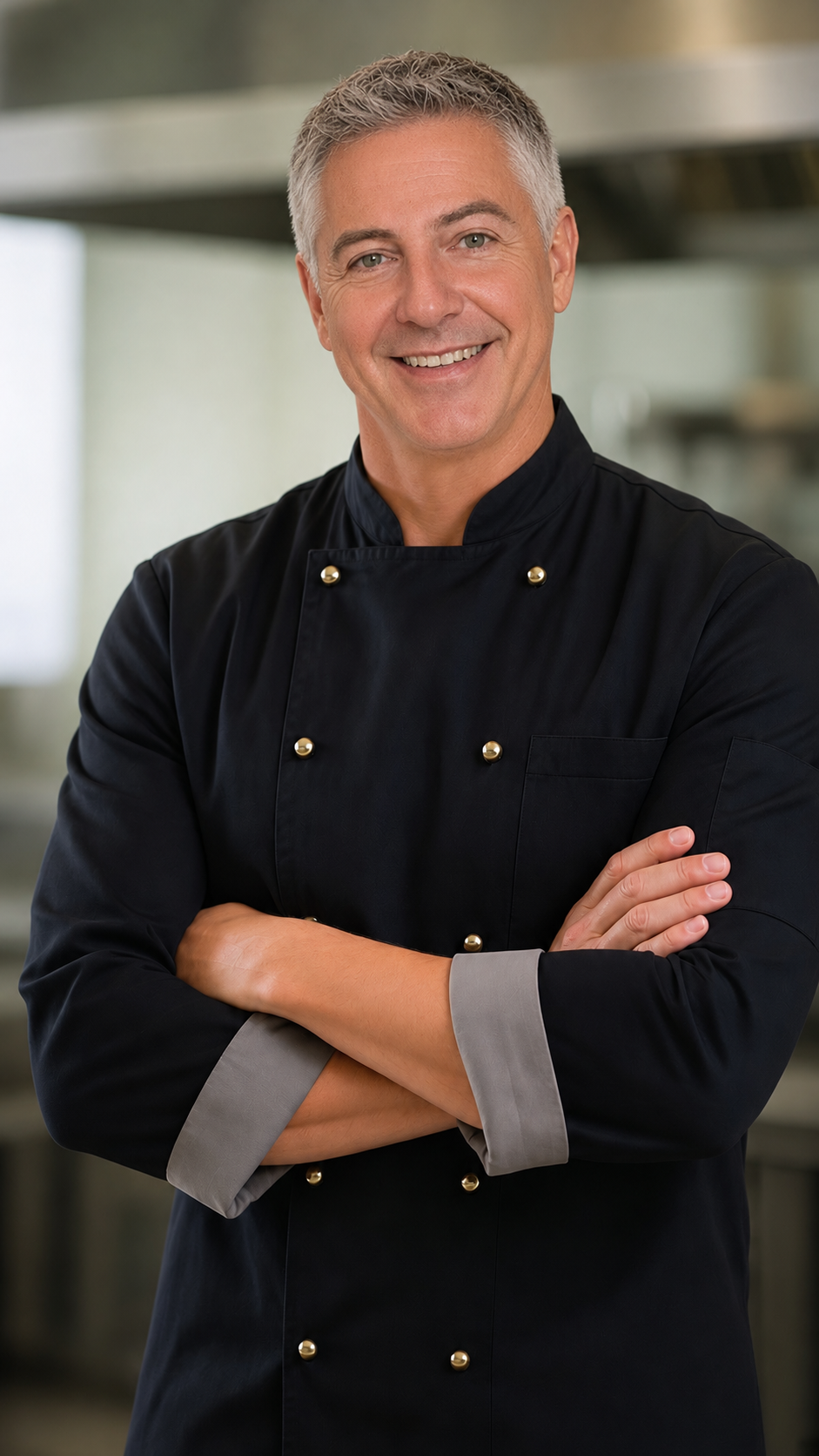 Portrait d'Olivier SALMON, cuisinier événementiel, en veste de chef noire, bras croisés